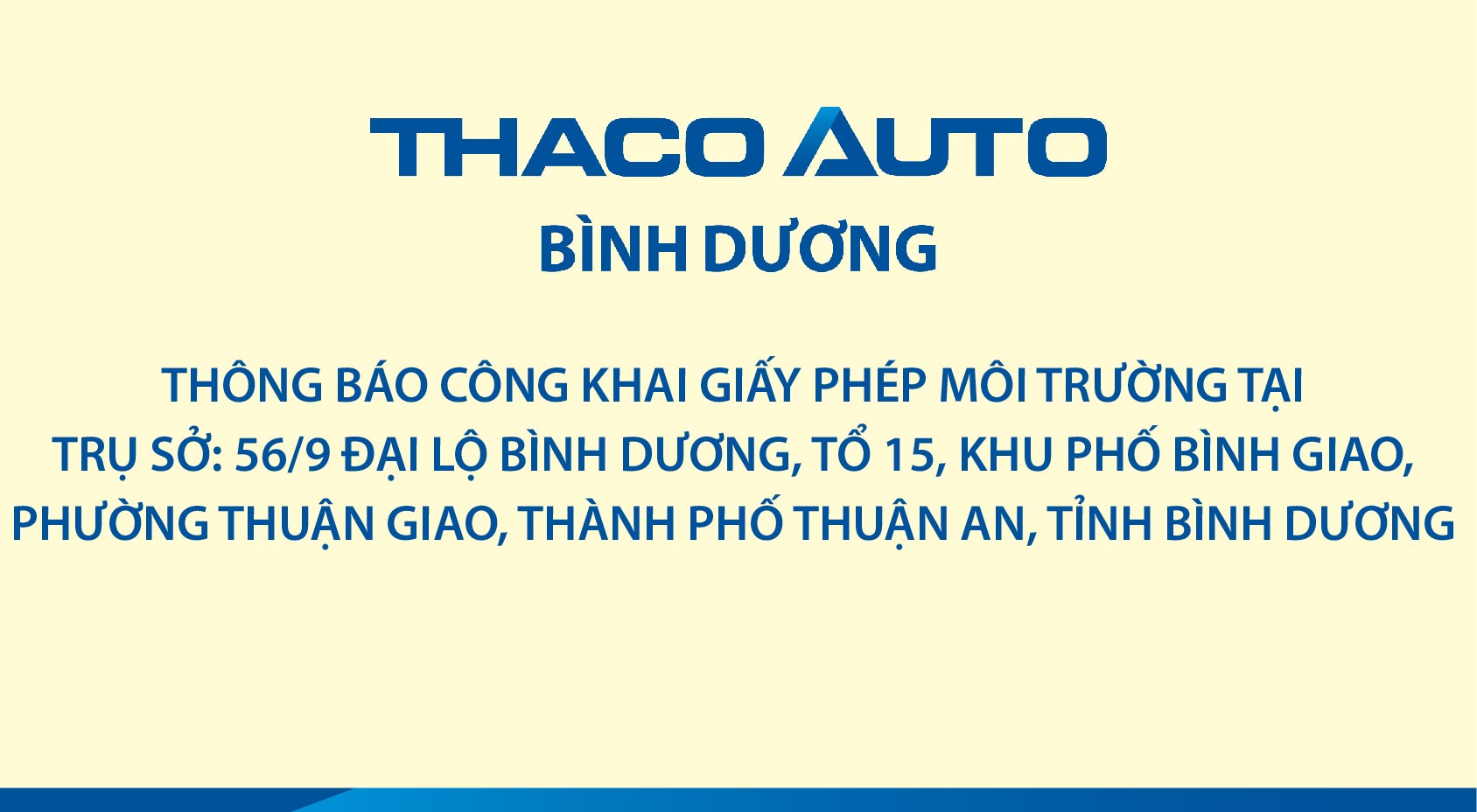 THACO AUTO BÌNH DƯƠNG CÔNG KHAI CẬP NHẬT GIẤY PHÉP MÔI TRƯỜNG